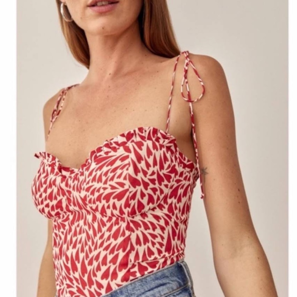 Reformation Novena Love top Red and White hearts Blouse size 6
